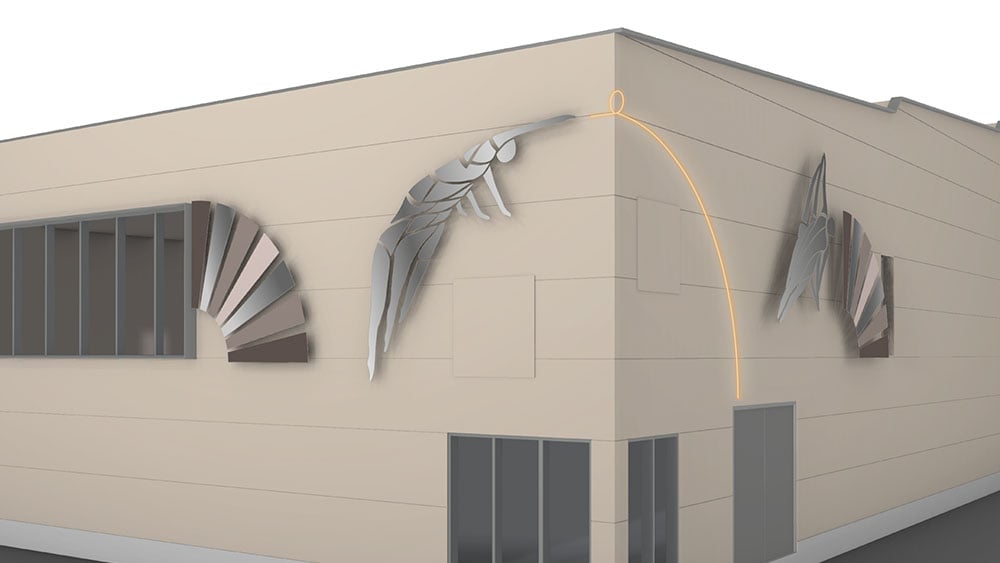 Visualiseringsbild av Fj&auml;dern, Hoppet och Sv&auml;varen av Maria Andersson p&aring; norra fasaden.jpg